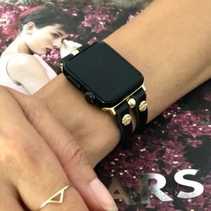 Apple Watch Black Leather Gold Jewelry Bracelet
